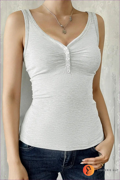 Tank Top with Button Detail - Casual Confidence - s / Gray - Lingerie Hut - All Season • Blouse • Crop • Cutout