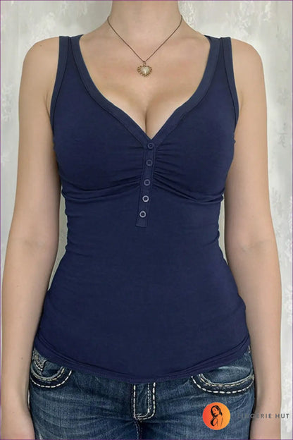 Tank Top with Button Detail - Casual Confidence - s / Blue - Lingerie Hut - All Season • Blouse • Crop • Cutout