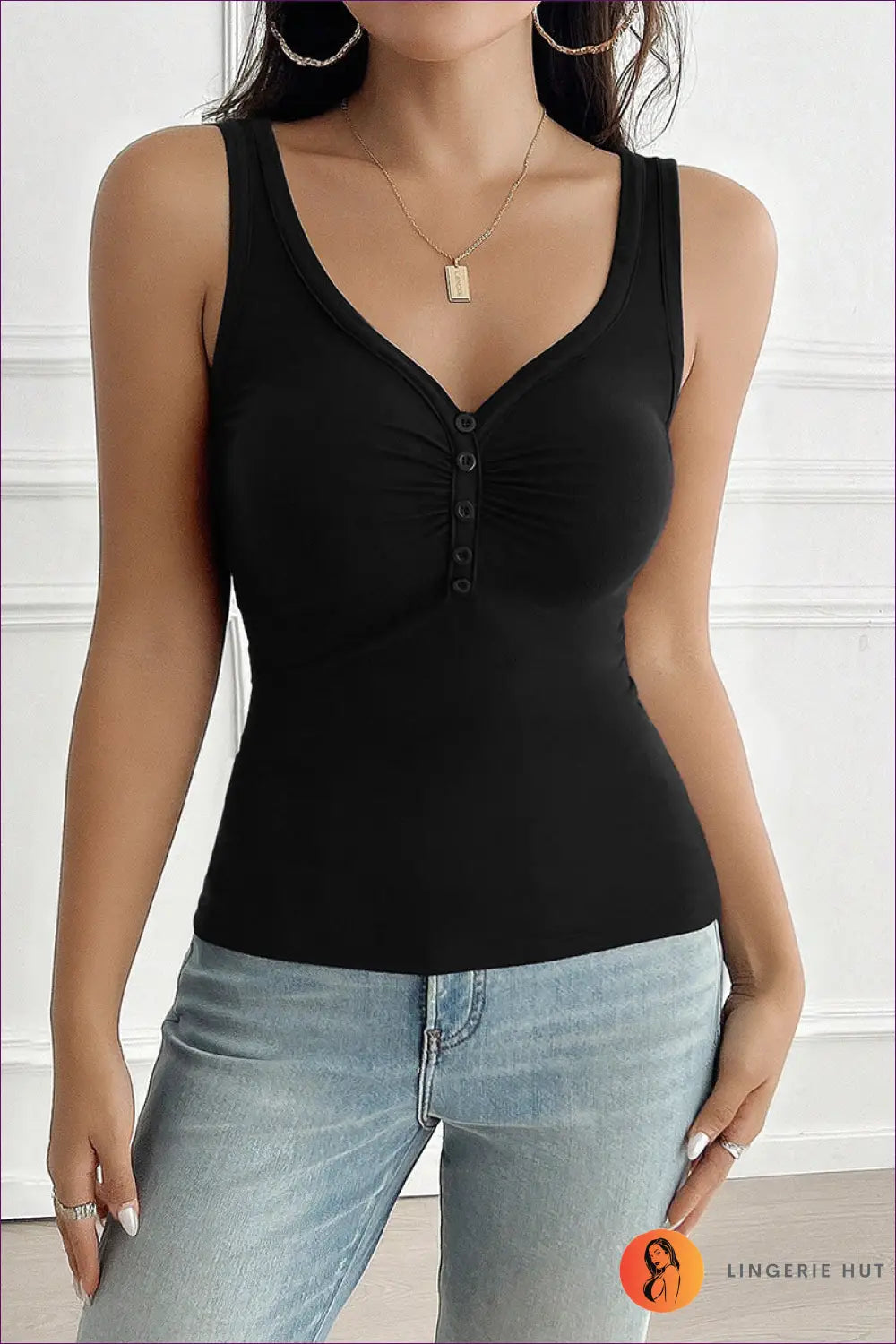 Tank Top with Button Detail - Casual Confidence - s / Black - Lingerie Hut - All Season • Blouse • Crop • Cutout