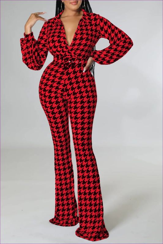 Step Into The Season With Lingerie Hut’s Tartan Wide Leg Jumpsuit. Belted Waist, Lantern Sleeves, And Slim Fit