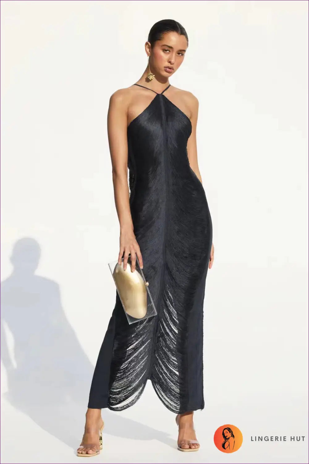 Tassel Halter Maxi Dress with Back Slit - s / Black - Bodycon • Halter • just in • Glamart