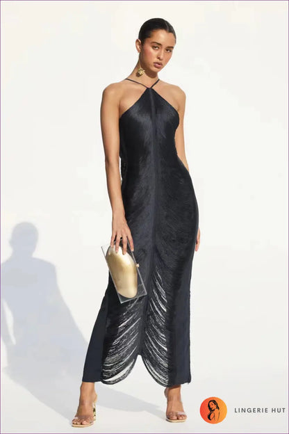 Tassel Halter Maxi Dress with Back Slit - s / Black - Bodycon • Halter • just in • Glamart