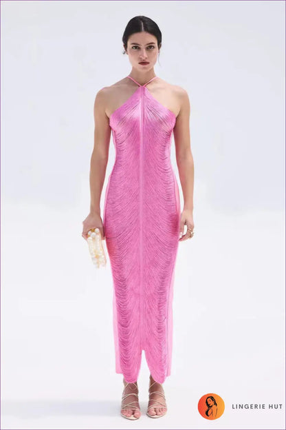 Tassel Halter Maxi Dress with Back Slit - s / Pink - Bodycon • Halter • just in • Glamart