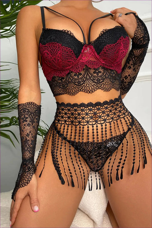 Turn Heads With This Sultry Two-piece Set! Embrace The Soft And Silky Material, Intricate Lace Trimmings,