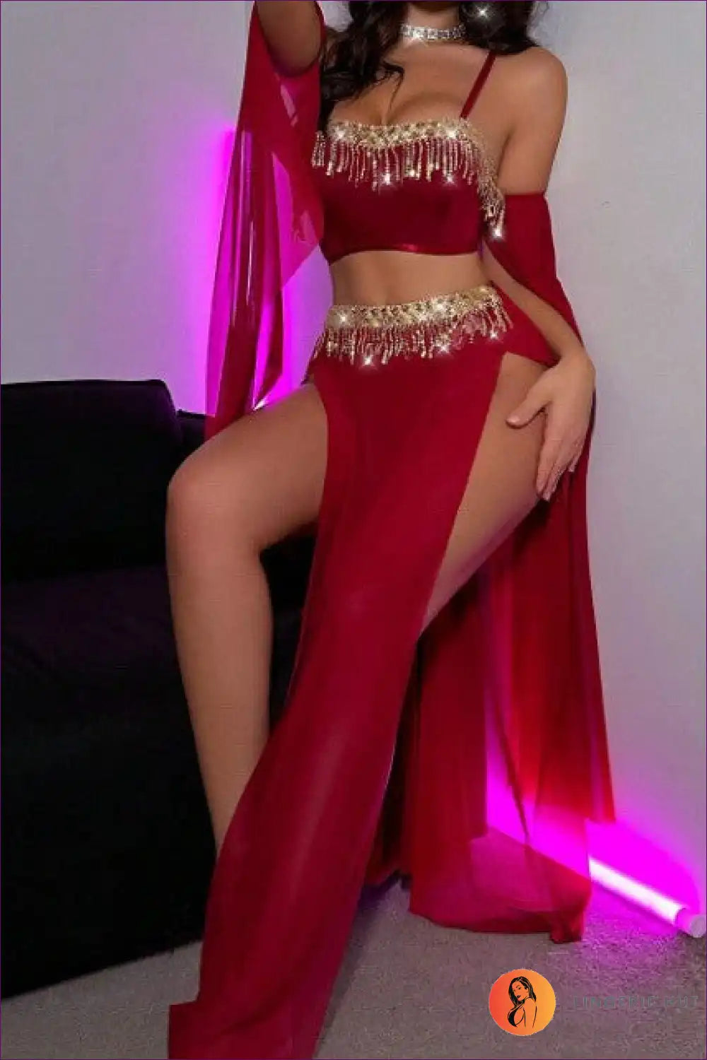 Tassel Lingerie Set with Sheer Skirt - Nightclub Glam Energy for Bra Set, Clubwear, Evening Wear, Glamour,