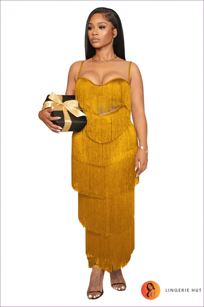 Tassel Maxi Dress with Spaghetti Straps - Move with Confidence - s / Gold - Dresses - Lingerie Hut - Backless