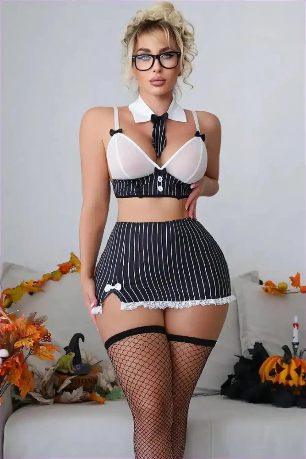 Teacher Costume Set with Pinstripe Mini Skirt - Study in Playfulness for Clubwear, Costume, Evening Wear,