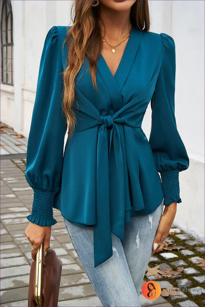 Teal Satin Wrap Blouse - Elegant Sophistication For Autumn, Casual, Everyday, Glamour, n