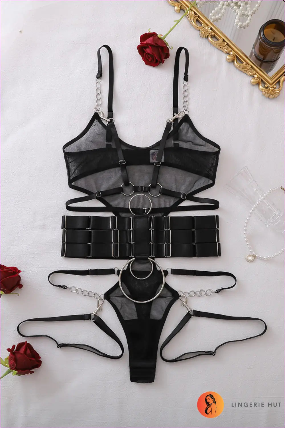 Black Mesh Body Harness Set with O-ring Detail - After Dark - s / Teddies & Bodysuits - Bodysuit • just in • Lingerie