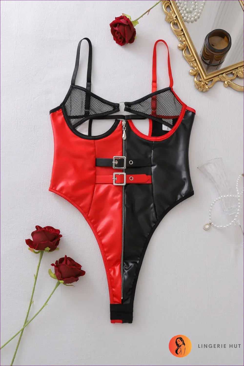 Teddy with Faux Leather Trim - After Dark Energy - s / Multi - Teddies & Bodysuits - Bodysuit • Fishnet