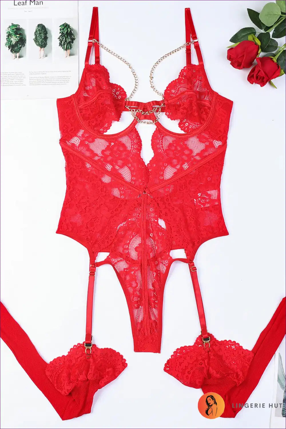 Teddy with Lace Cutouts and Chain Detail - Bold Night Energy for All Season, Bodysuit, Boudoir, Cutout, Date