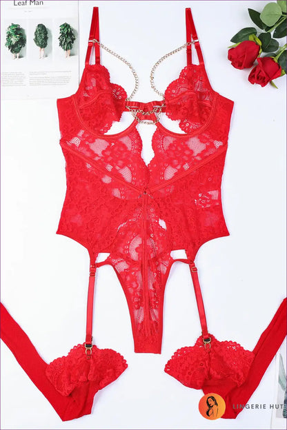 Teddy with Lace Cutouts and Chain Detail - Bold Night Energy for All Season, Bodysuit, Boudoir, Cutout, Date