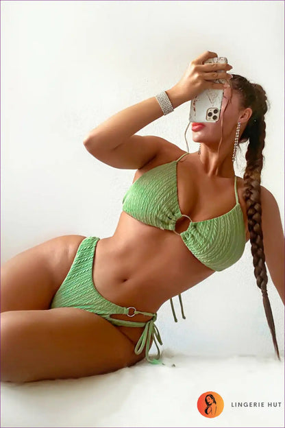 Textured Bikini Set with Ring Detail and Side Tie Bottoms for Beachwear, Bikini, Boho, Casual, Halter