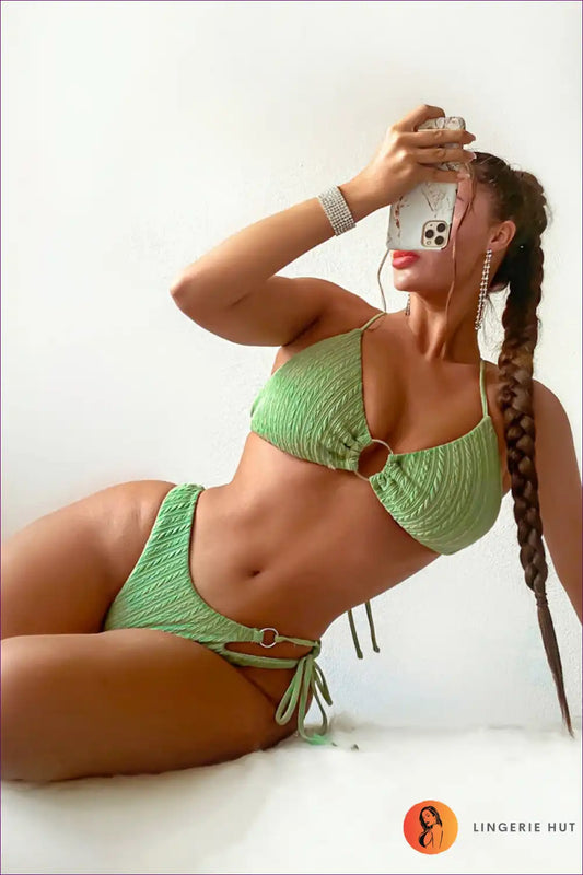Textured Bikini Set with Ring Detail and Side Tie Bottoms for Beachwear, Bikini, Boho, Casual, Halter