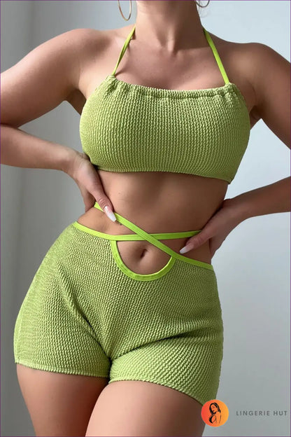 Textured Halter Bikini Set with Cutout Waist - Poolside Confidence - s / Green - Lingerie Hut - Beachwear • Halter
