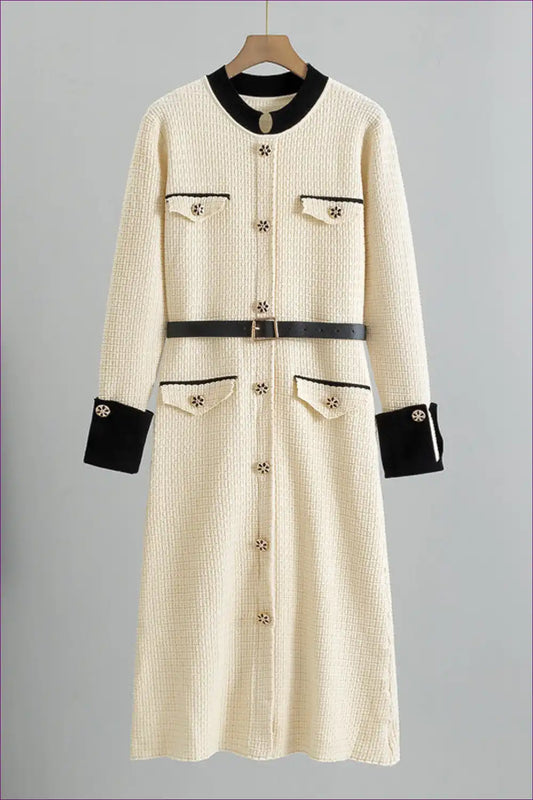 Textured Knit Coat Dress with Contrast Trim for All Season, Autumn, Casual, Dress, Dresses
