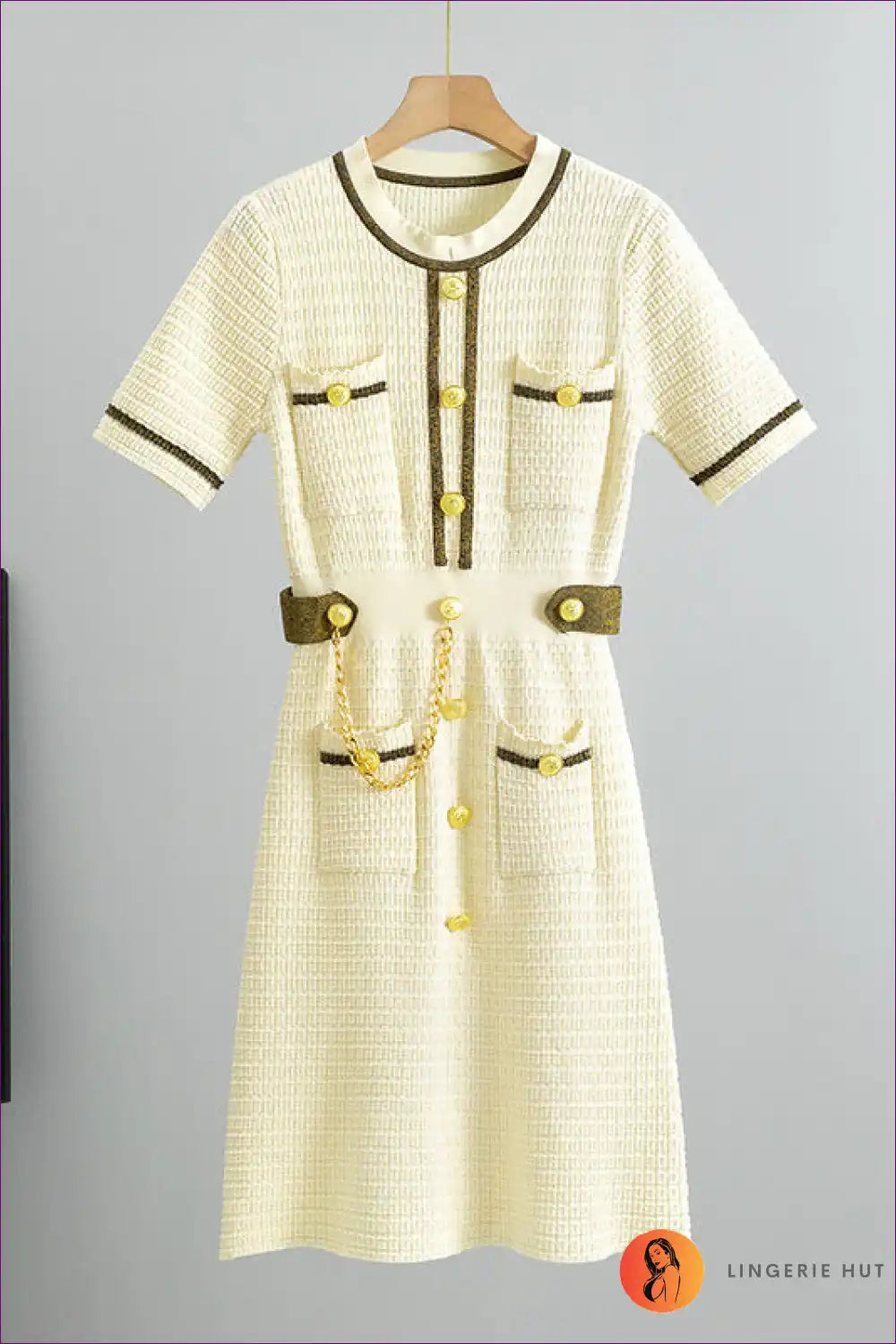 Textured Knit A-line Midi Dress with Chain Detail - Modern Classic Daywear for A-line, just In,