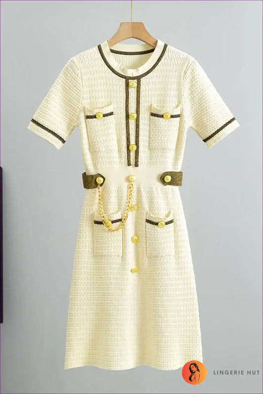 Textured Knit A-line Midi Dress with Chain Detail - Modern Classic Daywear for A-line, just In,