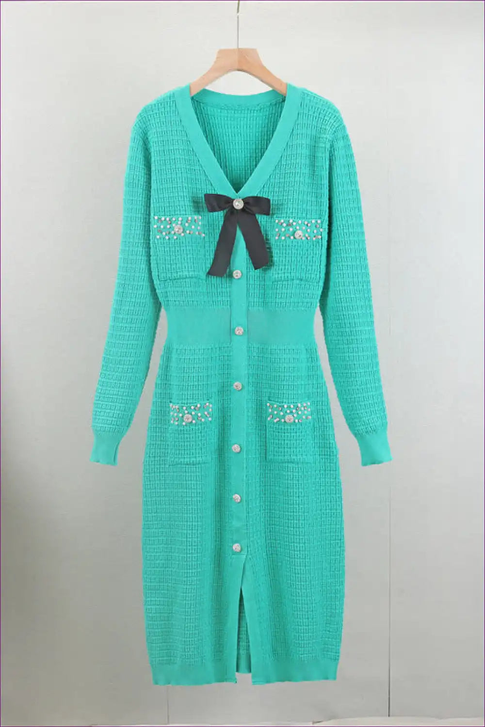 Textured Knit Midi Dress with Bow Detail - French-inspired Charm