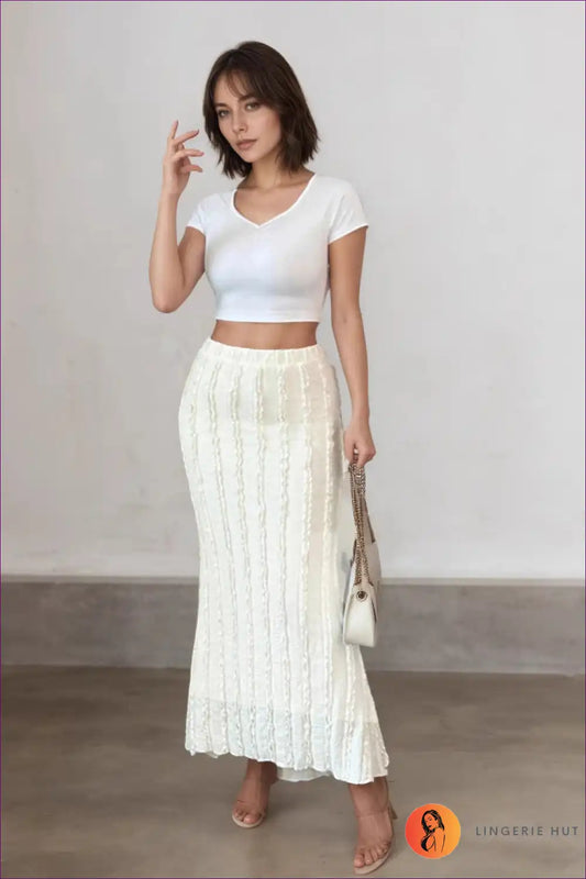 Textured Knit Midi Skirt with Ruffle Hem Detail for All Season, Autumn, Blouse, Casual, Everyday