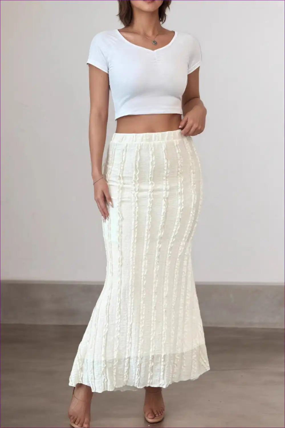 Textured Knit Midi Skirt with Ruffle Hem Detail for All Season, Autumn, Blouse, Casual, Everyday