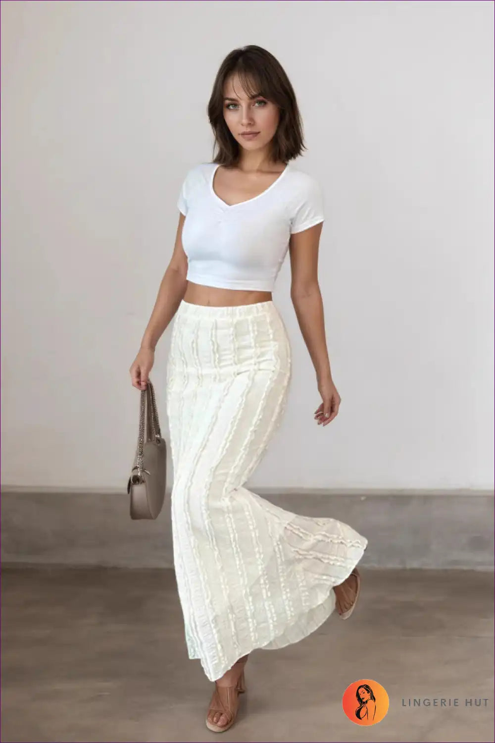 Textured Knit Midi Skirt with Ruffle Hem Detail for All Season, Autumn, Blouse, Casual, Everyday