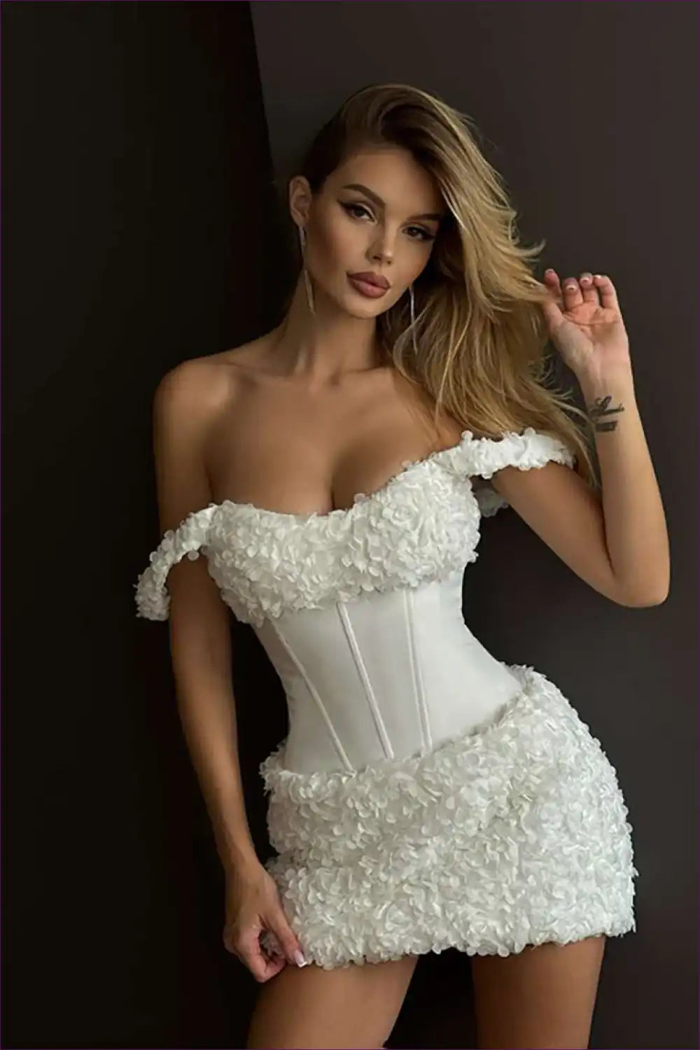 Textured Mini Dress with Off-shoulder Corset Detail for Bodycon, Corset, Date Night, Evening Wear, Formal Wear