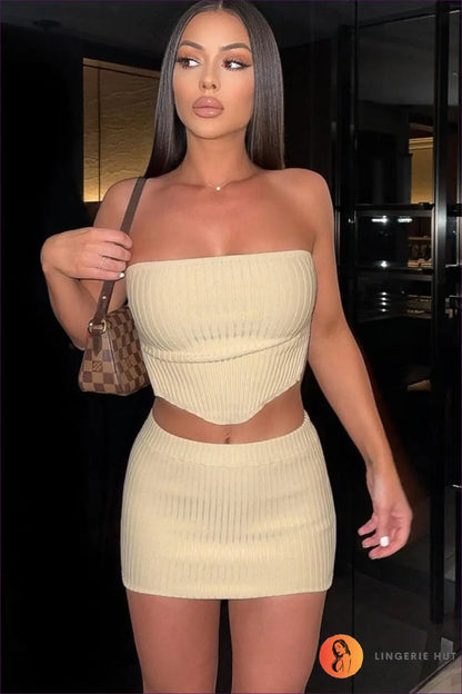 Textured Strapless co Ord Set - Effortless Summer Allure - s / Khaki - Clothing - Lingerie Hut - Casual • Crop • Cutout