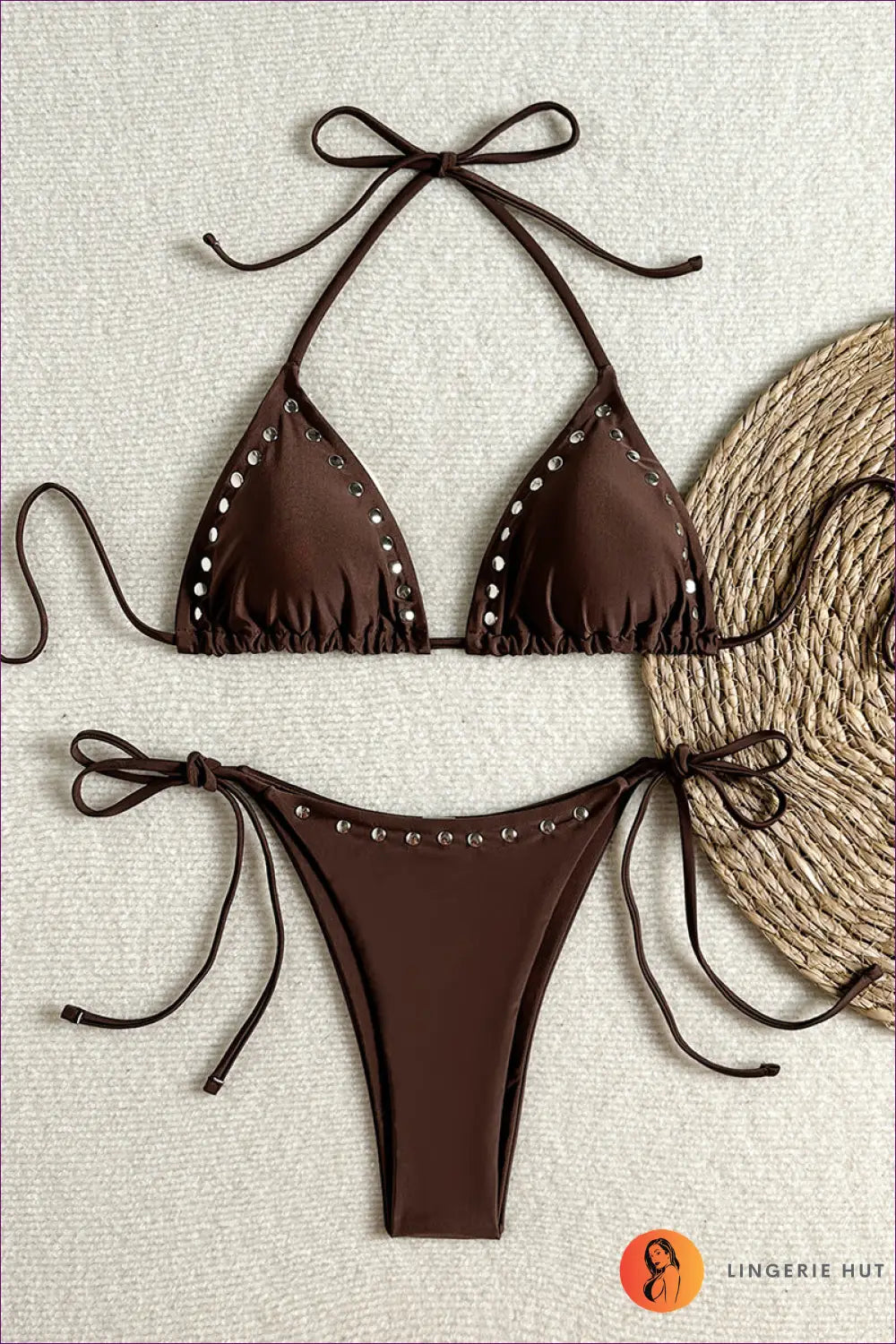 Textured Triangle Bikini with Star Charm Detail - Weekend at Sea - s / Brown - Beachwear • Boho • just in • Polyester