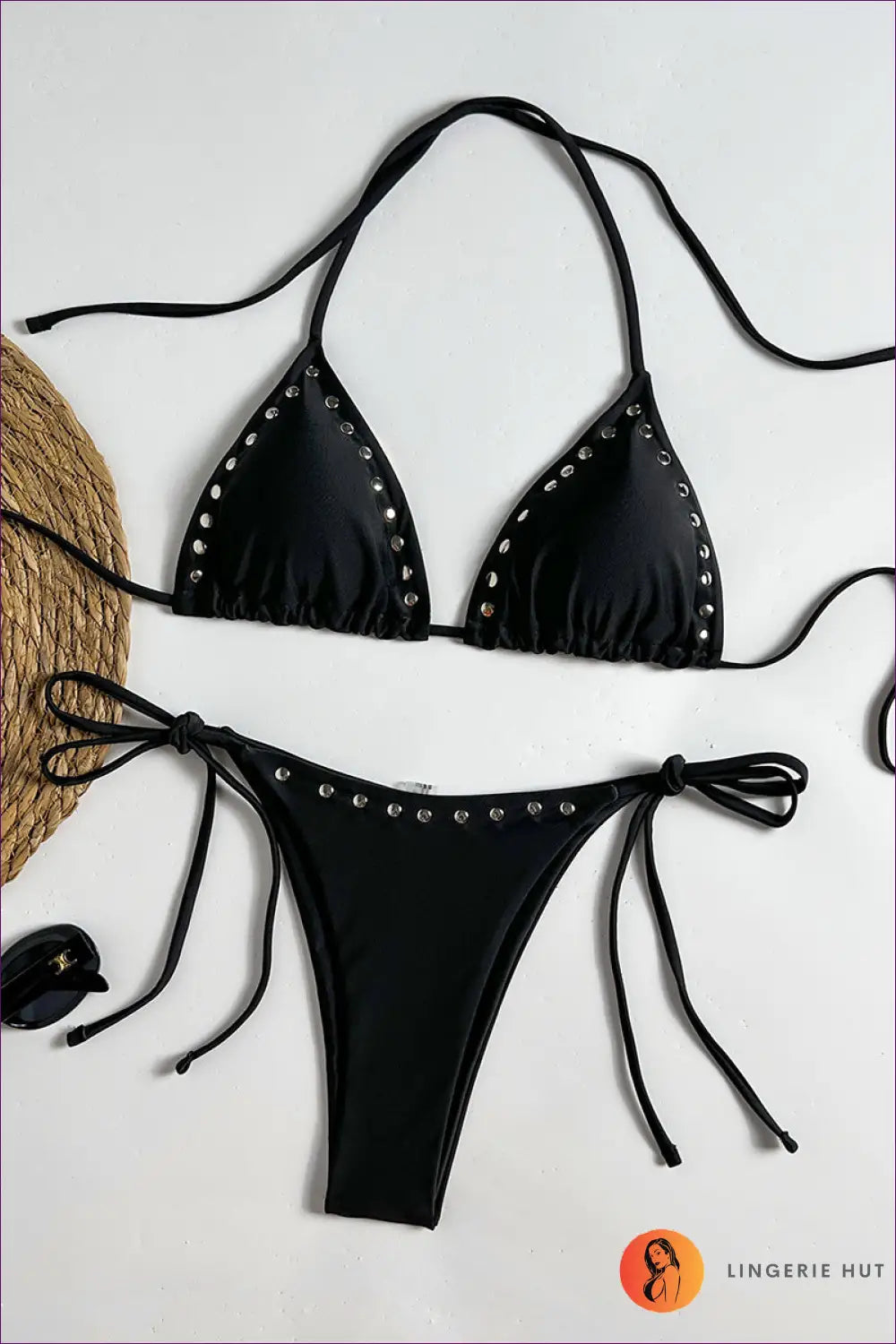 Textured Triangle Bikini with Star Charm Detail - Weekend at Sea - s / Black - Beachwear • Boho • just in • Polyester