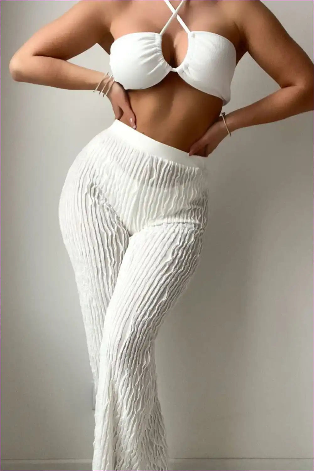 Threaded Halter Bikini Set with Sheer Trousers for Luxe Lounging Beachwear, Bikini, Cover Up, Halter,