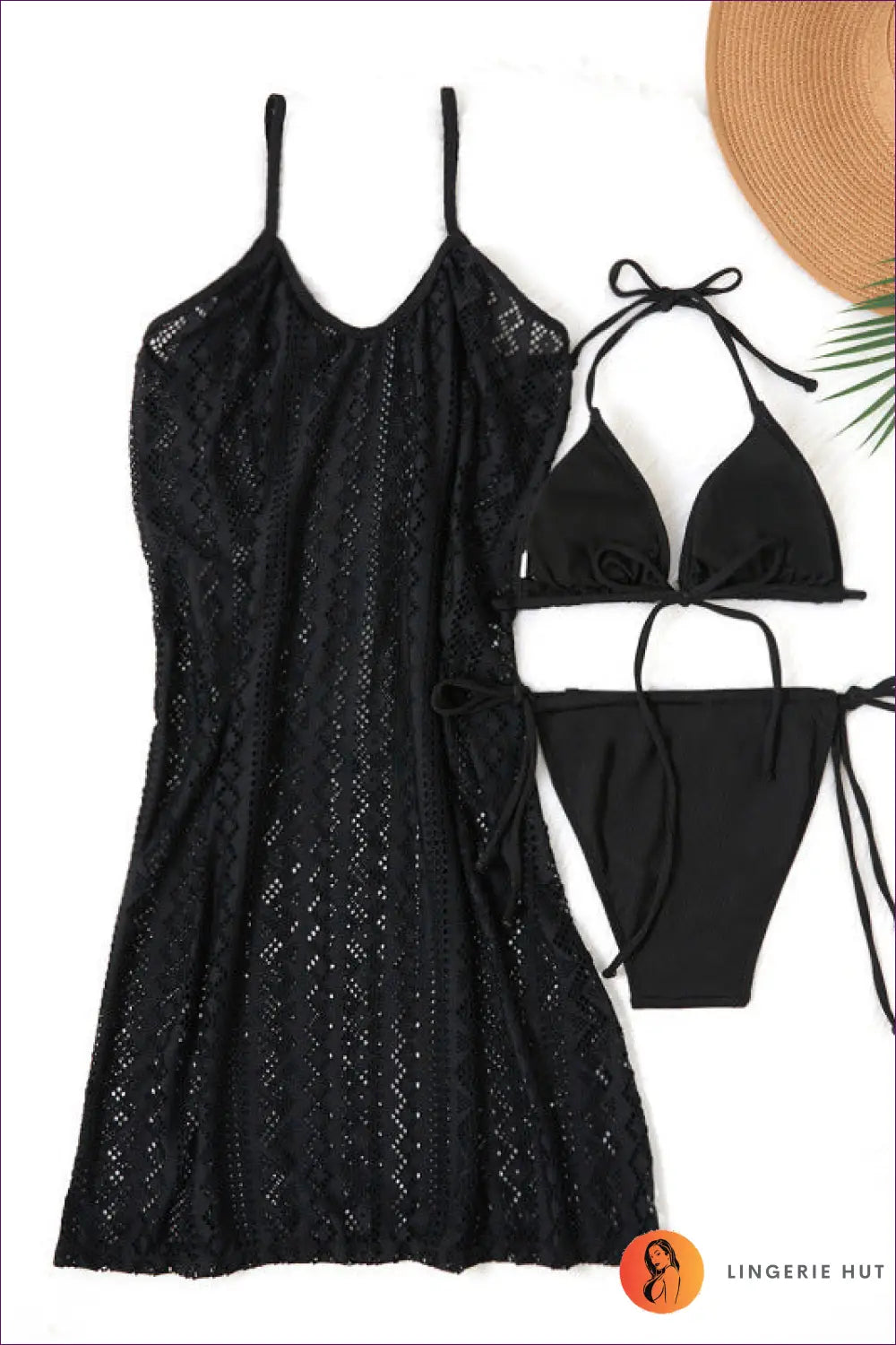Three Piece Bikini Lace Dress Set - Holiday Evening Essential - s / Black - Lingerie Hut - Beachwear • Cover Up