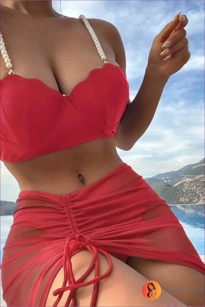 Three-piece Bikini Set with Cover Up - Boho Vacation Edit - s / Watermelon Red - Swimwear - Lingerie Hut - Beachwear