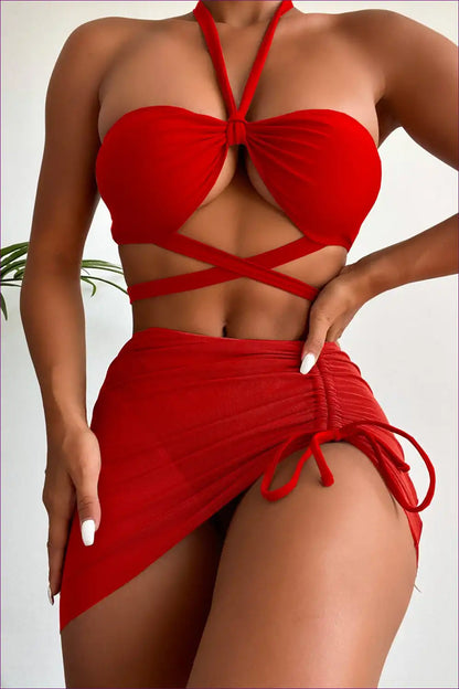 Three Piece Bikini Set with Ruched Skirt and Wrap Detail for Beachwear, Bikini, Casual, co Ord, Halter