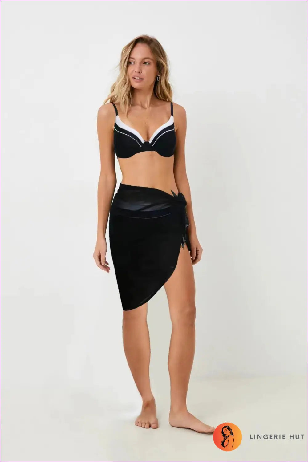 Three-piece Bikini Set with Sarong - Poolside Drama - s / Black Suit - Beachwear • Cover Up • Date Night • Glamour