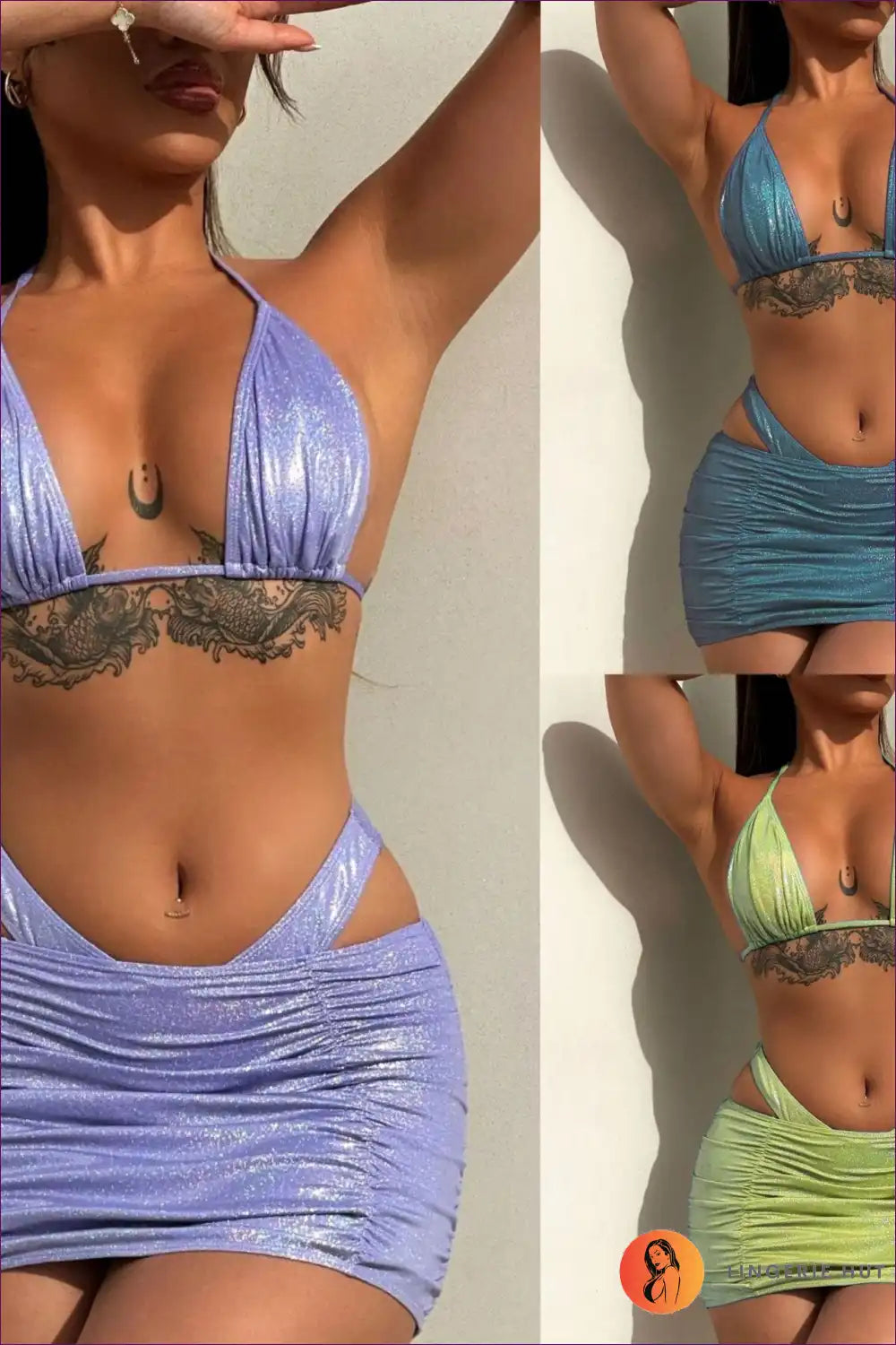 Three-piece Bikini Set with Shimmer - Festival Ready for Beachwear, Bikini, Clubwear, Cutout, Glamour