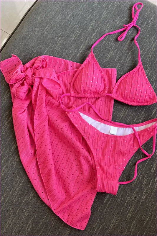 Three Piece Bikini Set with Textured Fabric and Sarong Wrap for Beachwear, Bikini, Boho, Casual, Cover Up