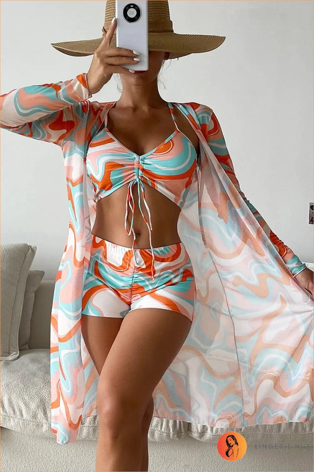 Three-Piece Bikini Set with Sheer Robe