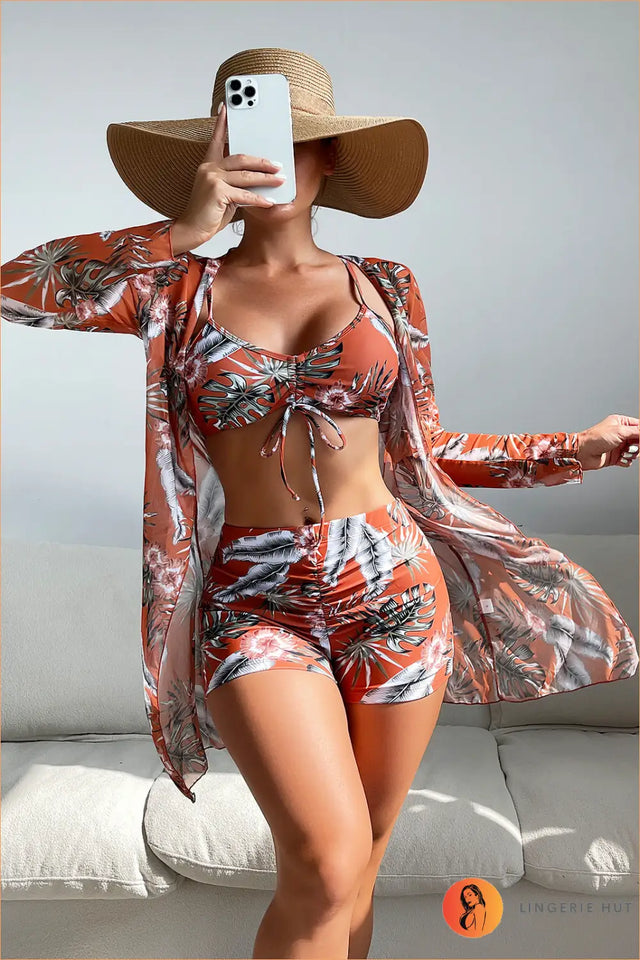 Three-Piece Bikini Set with Sheer Robe