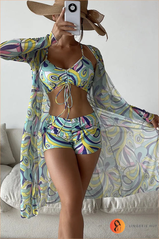 Three-Piece Bikini Set with Sheer Robe