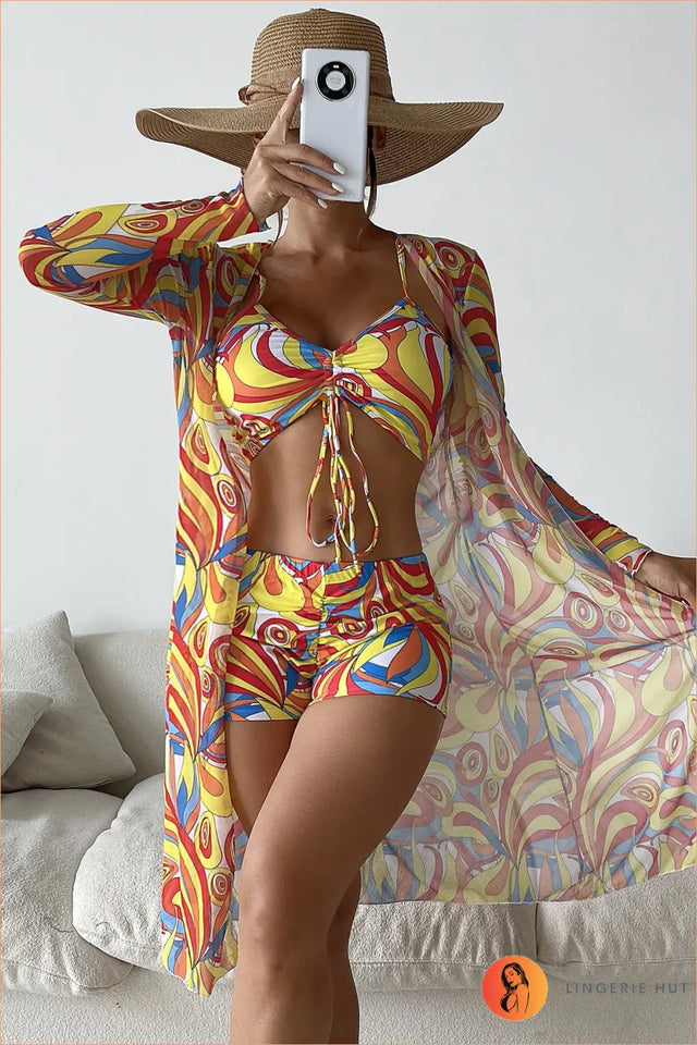 Three-Piece Bikini Set with Sheer Robe