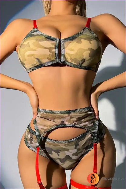 Three Piece Lingerie Set with Camo Print and Red Straps - Bold Bedroom Energy for Boudoir, Bra Set, Cutout,