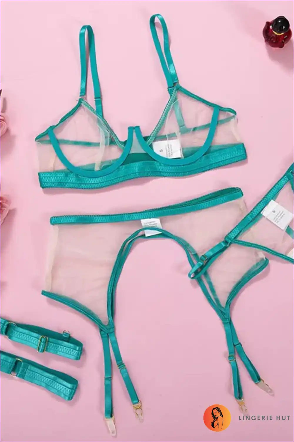 Three Piece Lingerie Set with Neon Mesh - Bold Bedroom Energy for Boudoir, Bra Set, Clubwear, Cutout, Garter