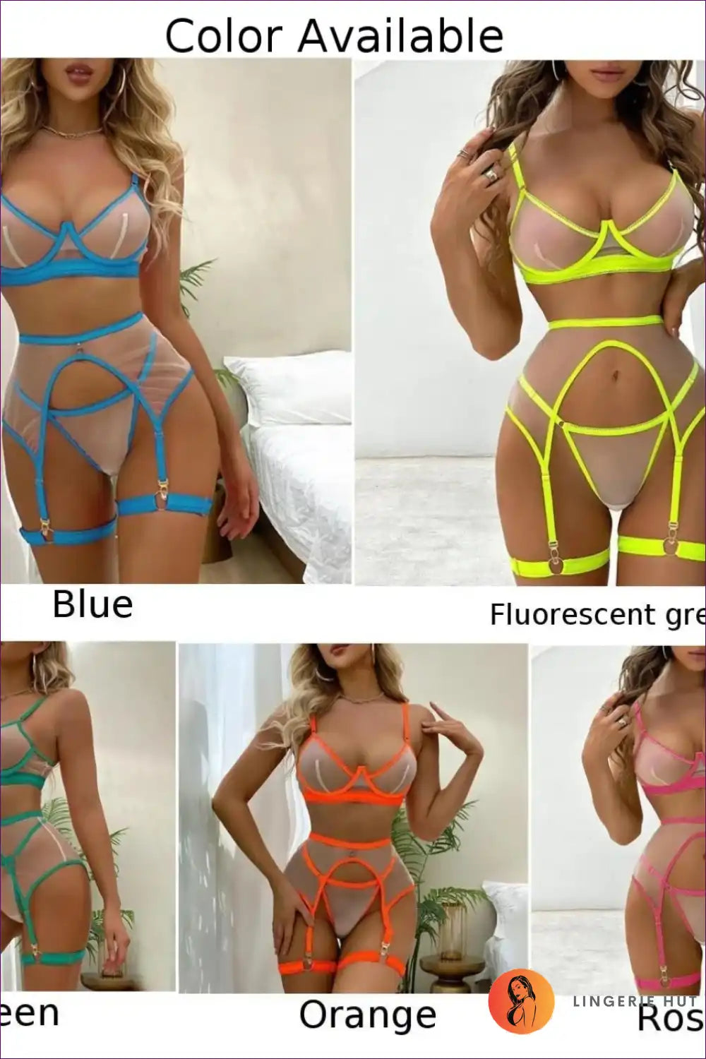 Three Piece Lingerie Set with Neon Mesh - Bold Bedroom Energy for Boudoir, Bra Set, Clubwear, Cutout, Garter