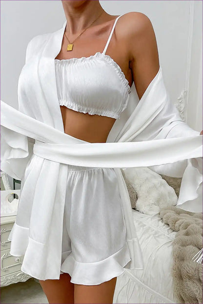 Three Piece Lounge Set with Ruffle Shorts - Soft Everyday Comfort for All Season, Casual, Crop, Everyday,