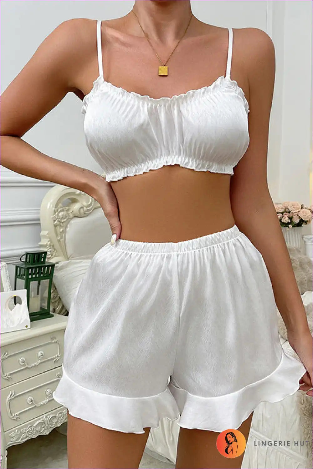 Three Piece Lounge Set with Ruffle Shorts - Soft Everyday Comfort for All Season, Casual, Crop, Everyday,