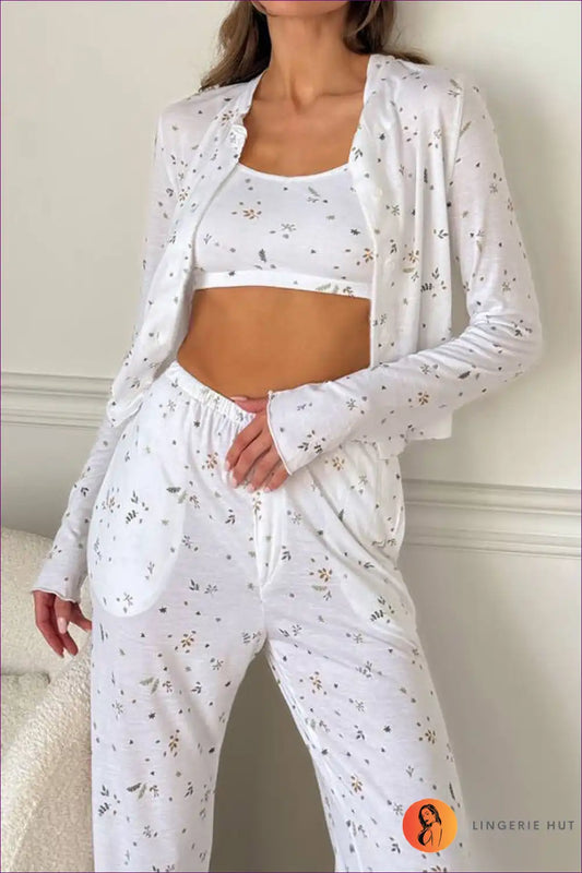Three Piece Pyjama Set with Floral Print - Garden Party Dreams for All Season, Casual, Everyday, Floral,