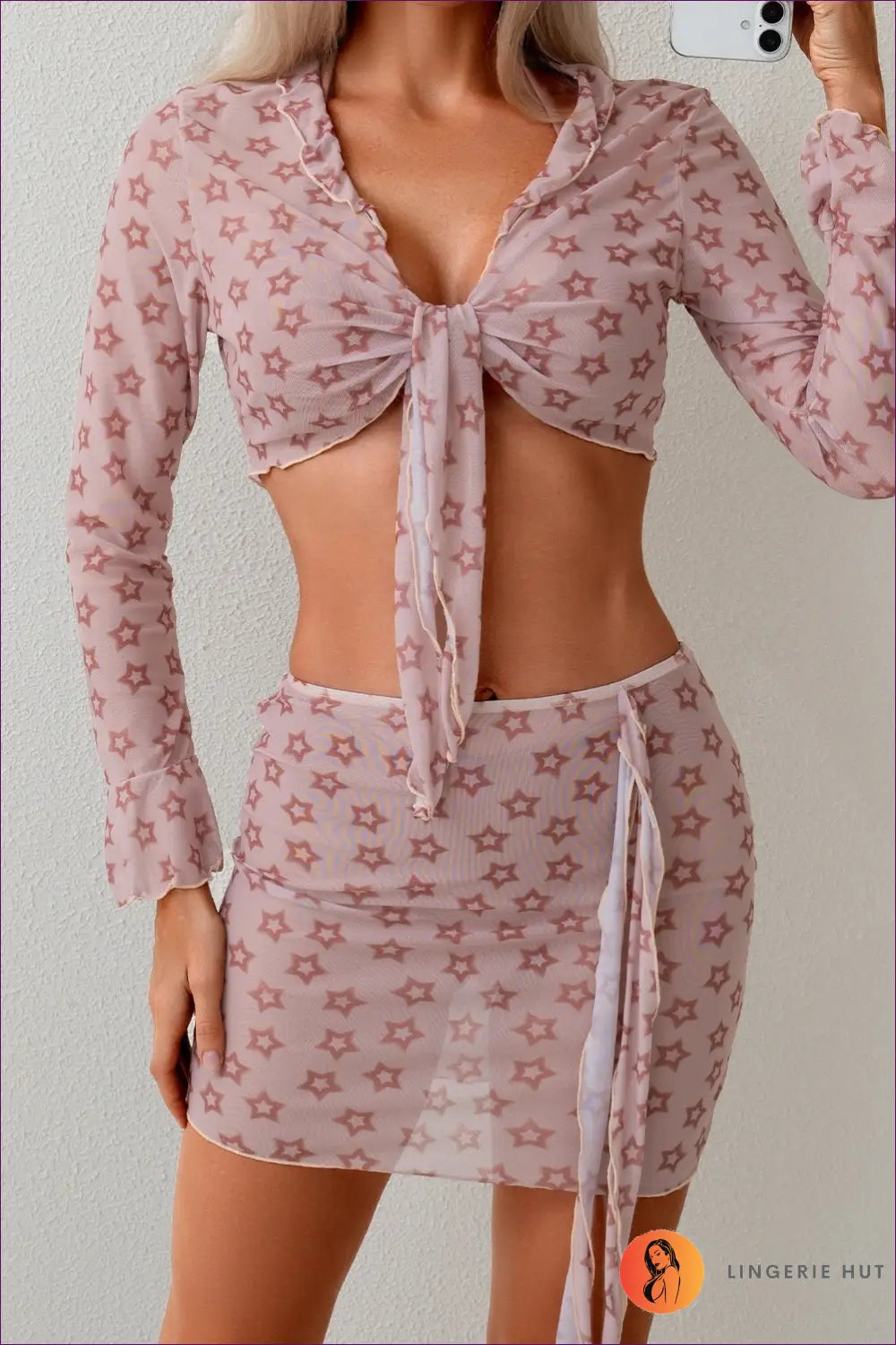 Three-piece Set with Star Print - Festival Ready - s / Camel - Bikini - Lingerie Hut - Beachwear • Boho • co Ord