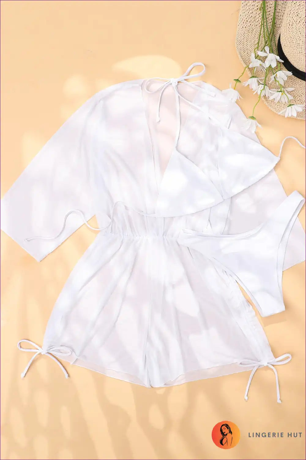 Unleash Your Inner Beach Goddess With Our Three-piece Thong Bikini. Complete a High-cut Design, Tie-up