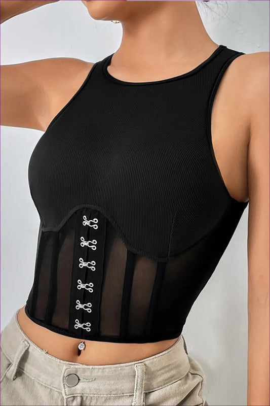 Ignite Your Sultry Elegance With Lingerie Hut’s See-through Mesh Boning Corset Tank Top. Turn Heads And Make